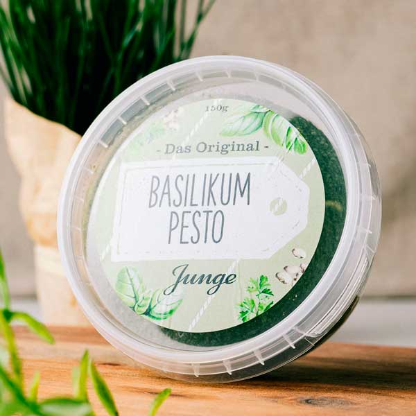 Pesto Basilikum 150g  ﻿Mediterranes Basilikumpesto mit Cashewkernen.